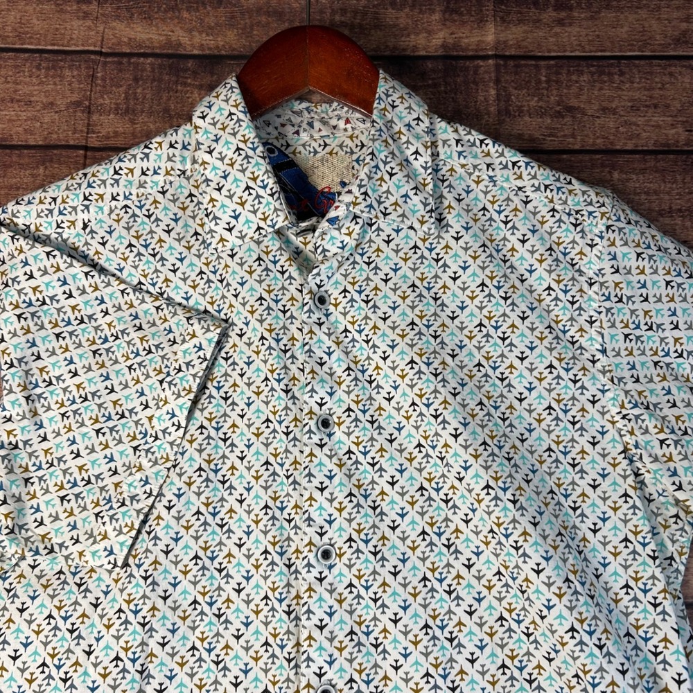 Robert Graham Shirt Mens M Short Sleeve Airplane All Over Print AOP Classic Fit
